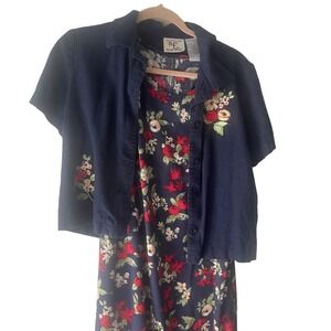 Ease Sport Vintage Size 8 Blue Floral Linen Blend‎ Dress & Cardigan Cottage